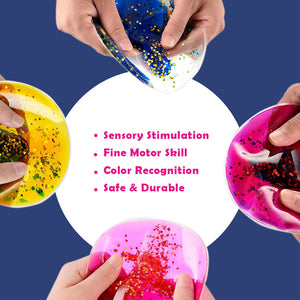 Ableys liquid fidget sensory toys set of colorful glitter squishy disks being squeezed by hands for sensory play