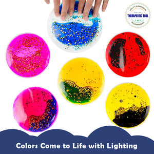 Ableys colorful round liquid fidget sensory toys set with glitter filled discs in blue red pink yellow hand pressing one