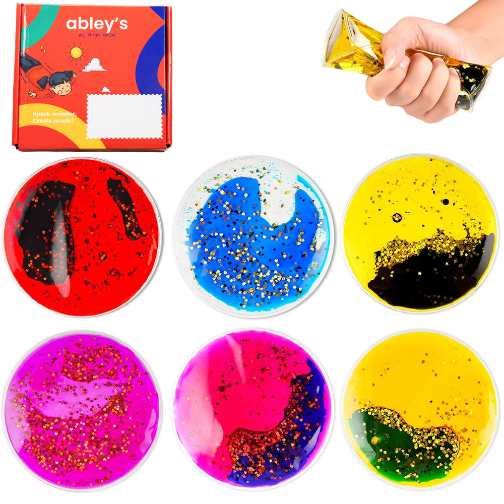 Ableys liquid fidget sensory toys set of six colorful glitter gel discs with gift box and squeeze pouch