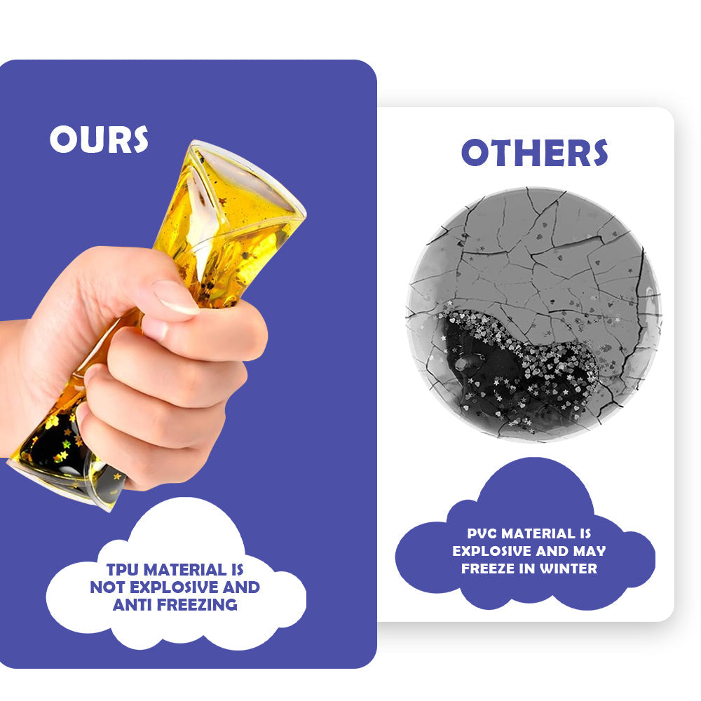 Ableys liquid fidget sensory toys yellow hourglass squeeze toy in hand showing TPU safer and anti freezing versus cracked PVC