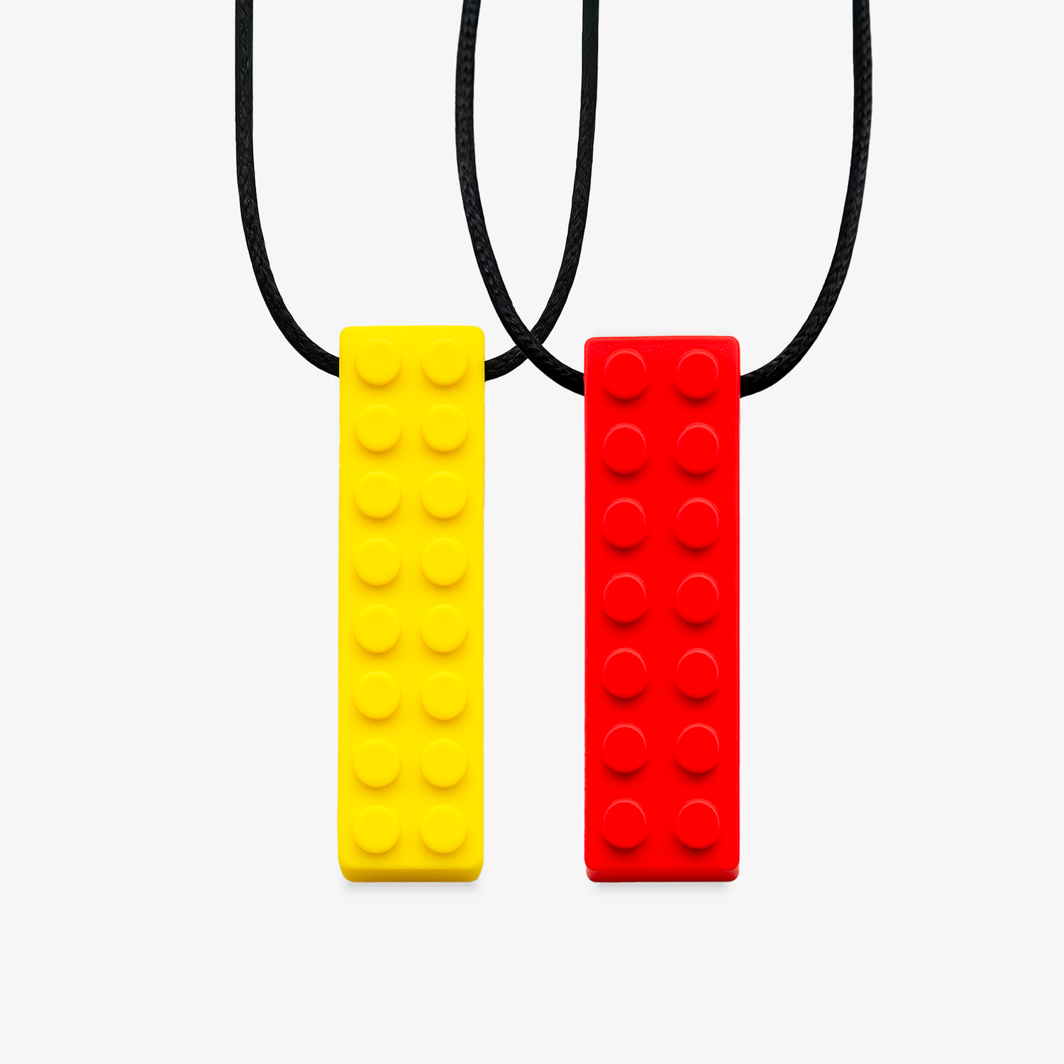Ableys chewable necklace for kids two brick style pendants in red and yellow on black cords