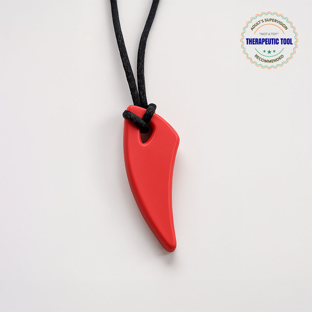 Ableys red silicone saber tooth chew necklace for kids on black cord therapeutic sensory pendant
